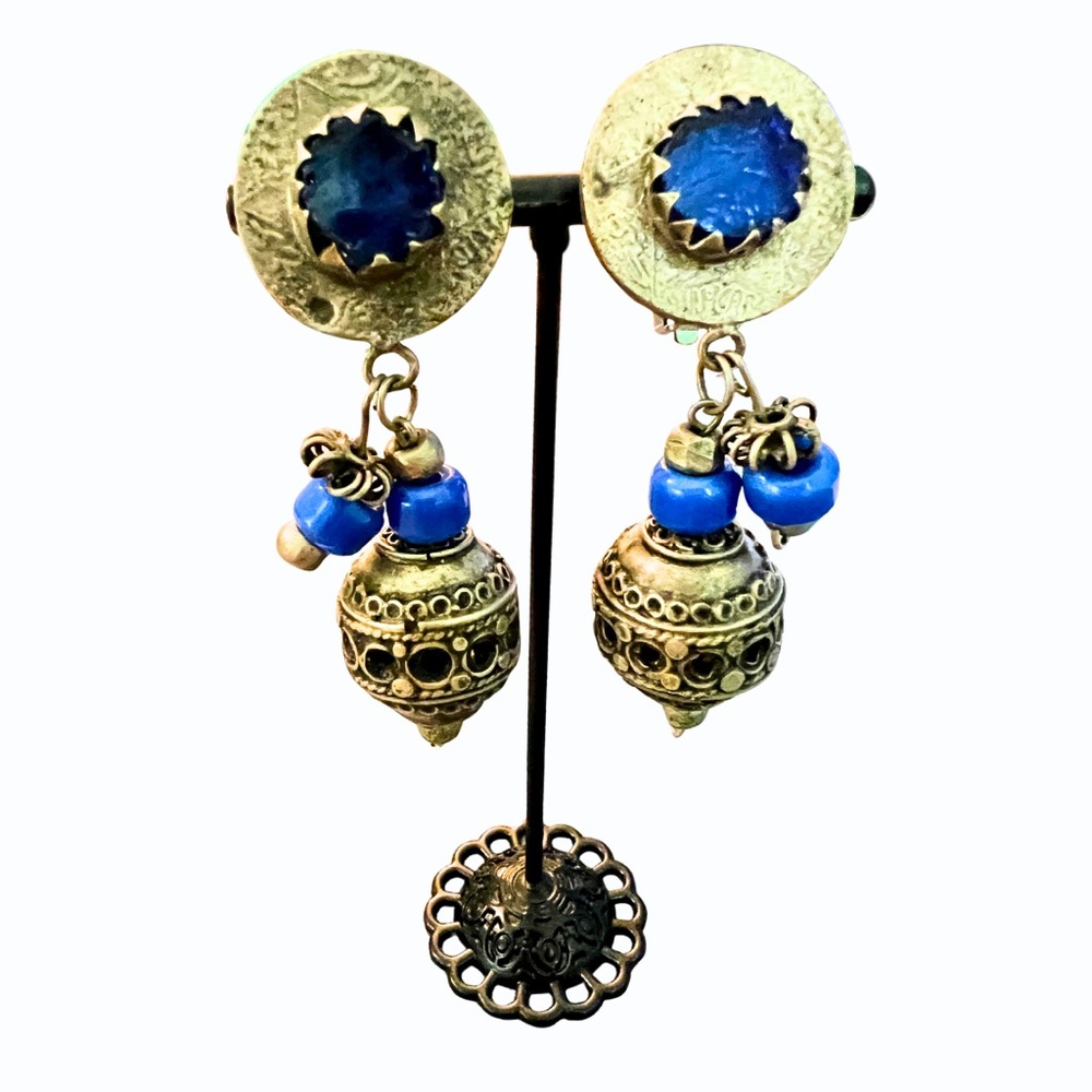 Vintage Clip-On Boho Earrings – Brass Discs Blue Glass & Filigree Drops